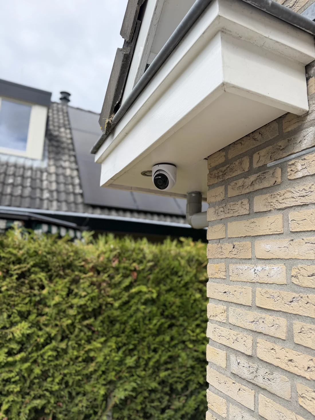 Onder het overstek, met zicht langs de heg op de erfgrens