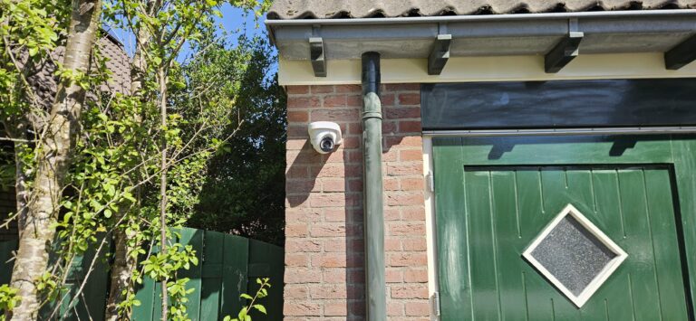 Witte Ajax-camera op een bakstenen gevel naast een groene houten deur met een ruitvormig raampje, met een berk ervoor