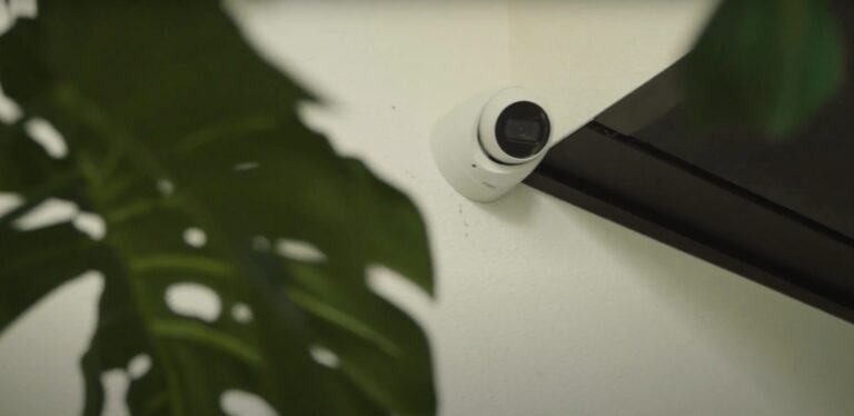Witte turretcamera hoog in de hoek van een lichte ruimte, met een groot blad van een kamerplant op de voorgrond