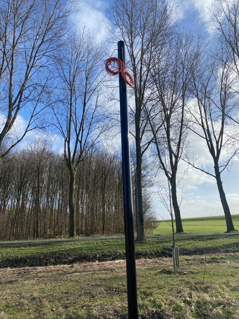 Zwarte mast aan de rand van een weiland, met een rode kabellus bovenin en kale bomen erachter