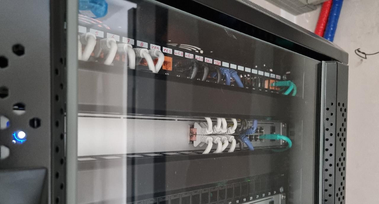 Netwerkkast achter glas met een patchpaneel vol witte en blauwe kabels en met de hand beschreven labels