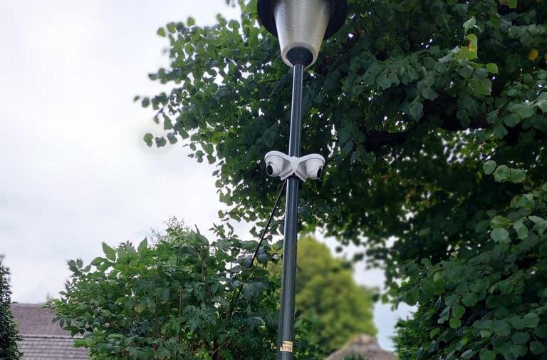 Twee witte camera's op een dubbele beugel onder de lamp van een groene lantaarnpaal, met bomen en daken op de achtergrond